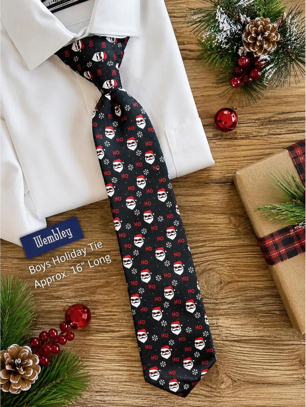 Wembley Boys Christmas Neck Tie Santa HO HO HO Snowflake Holiday Black Red 16”